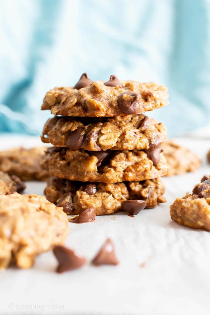 Photo showing a stack of Skinny Oatmeal Chocolate Chip Cookies