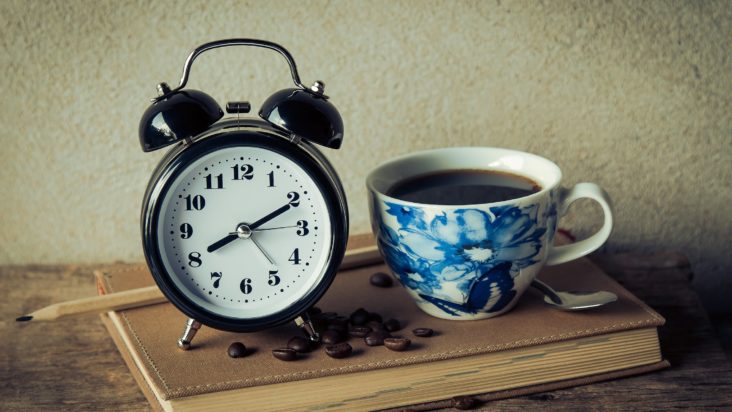 A photo of an alarm clock and a cup of coffee
